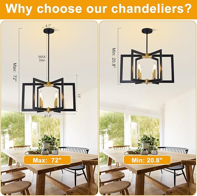 21.6" Black and Gold Chandelier,6-Light Geometric Dining Room Fixture,Modern Industrial Foyer Lighting Fixtures,Rustic Farmhouse Hanging Pendant Lights for Living Room,Bedroom,Entryway,Kitchen Island