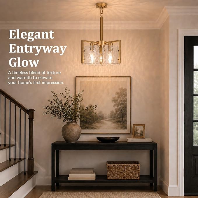 14.2 Inch Gold Chandeliers for Dining Room, Adjustable Height | 3-Light Vintage Entryway Light Fixture, Glass Pendant Lights for Kitchen Island Foyer Bedroom Bathroom