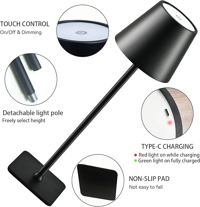 2 Pack Cordless Table Lamps Rechargeable, Battery Operated Touch Dimmable LED Lamp with 3 Color Temperatures, Adjustable Height Wireless Table Lamp for Restaurant, Bar, Bedroom