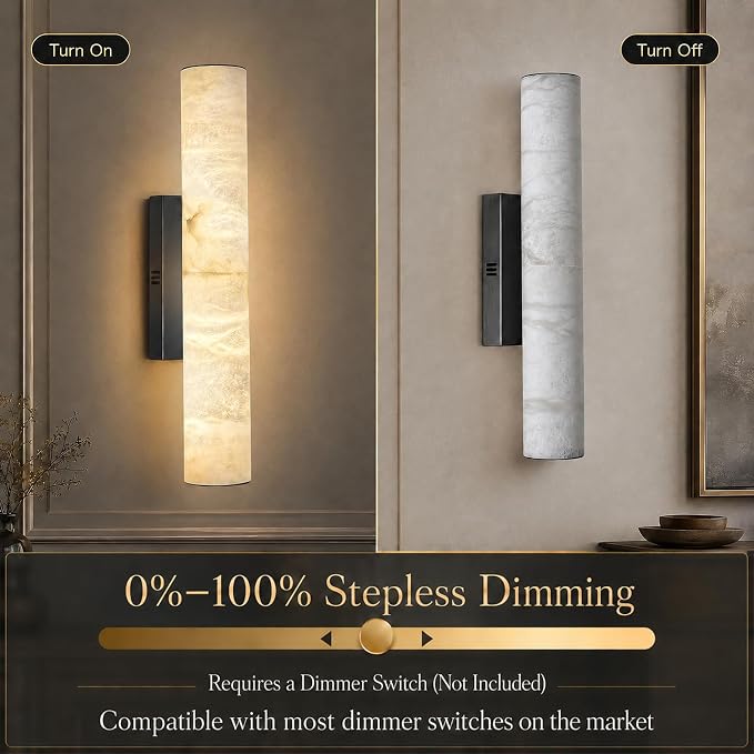 20" Natural Alabaster Wall Sconce, Modern Black Marble Wall Light Dimmable | Spanish Alabaster, Vanity Light, 3000K Warm White Light, Tube, Hardwired, Stone, for Bathroom/Bedroom/Living Room, 1PC