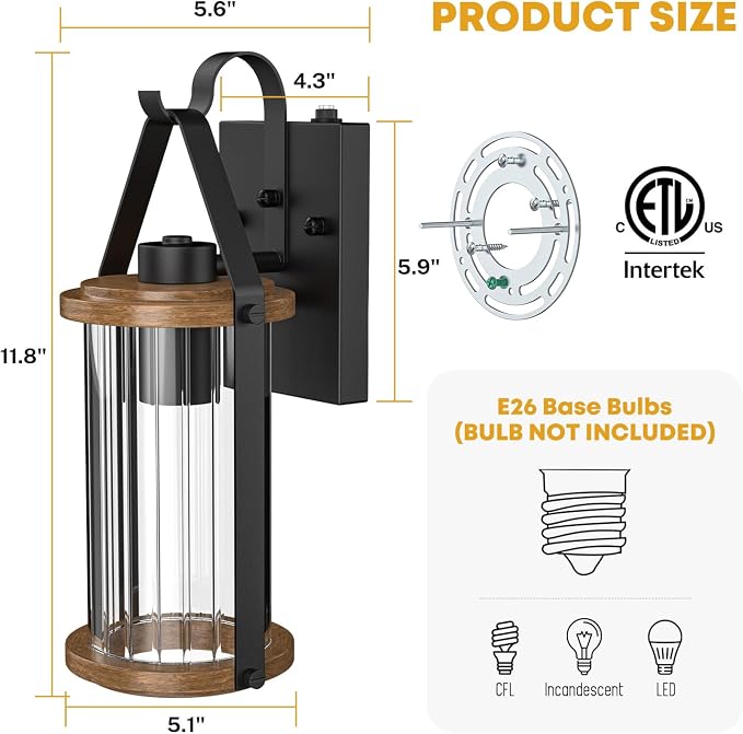 Dusk to Dawn Outdoor Light, Front Porch Light Waterproof Exterior Lighting Fixtures Wood Effect Glass Modern Outside Light for House, Patio, Yard, Garage Black 1 Pack