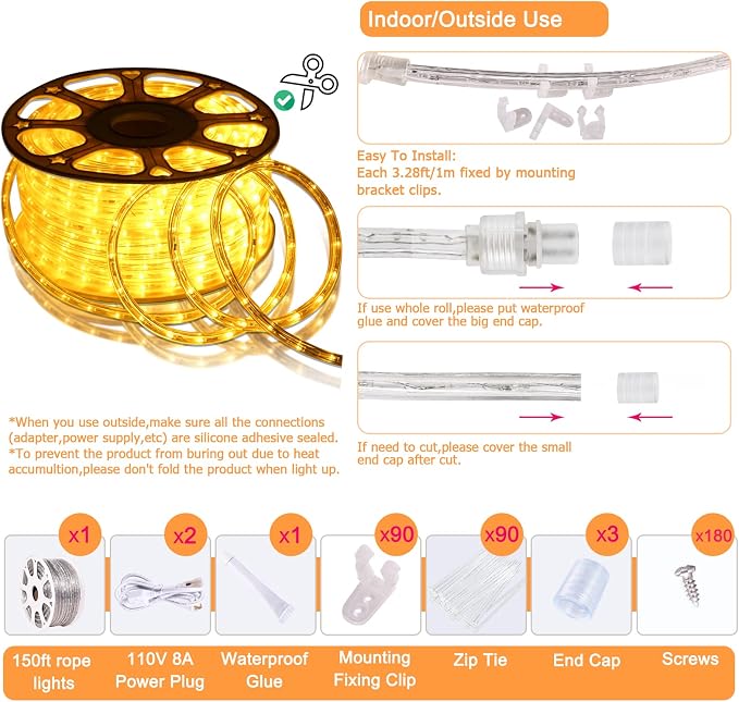 150FT LED Rope Lights Outdoor: Waterproof Flexible 110V 3000K Warm White LED String Light - Cuttable Connectable Clear Lighting Tube for Indoor Stairs Patio Garden Party Decor, Not Flat Strip