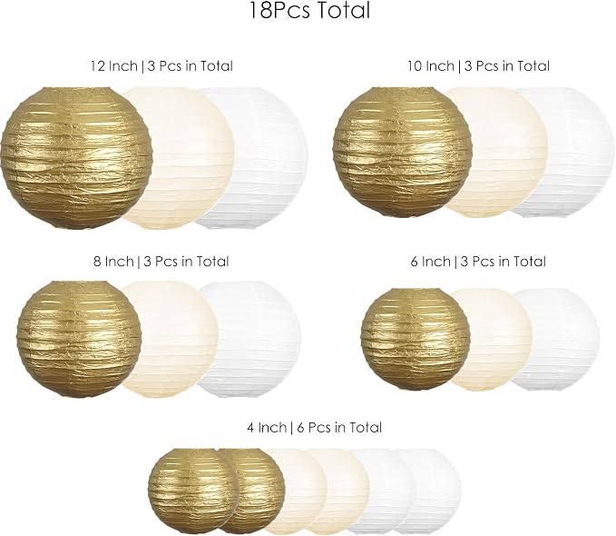 UNIQOOO 18PCS Metallic Gold Paper Lantern Wedding Decoration Set, Assorted Hanging Gold Japanese Paper Lantern, Reusable Easy Assemble, For New Year Christmas Birthday Baby Shower Party Favor Supplies