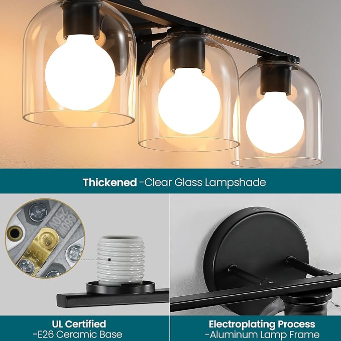 WOSHITU Bathroom Vanity Light Fixtures: 23.3 Inch Modern Matte Black Bathroom Lighting Fixtures Over Mirror with Clear Glass Shade, 3 Light Vanity Lighting Fixtures Wall Lights Over Mirror