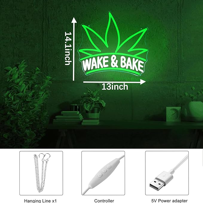 Wake & Bake Neon Signs Green Weed Leaf LED Neon for Bar Decor,Dimmable Wake and Leaf Neon Lights Men Cave Bedroom Living Room Gifts for Christmas Birthday(Green, Wake)