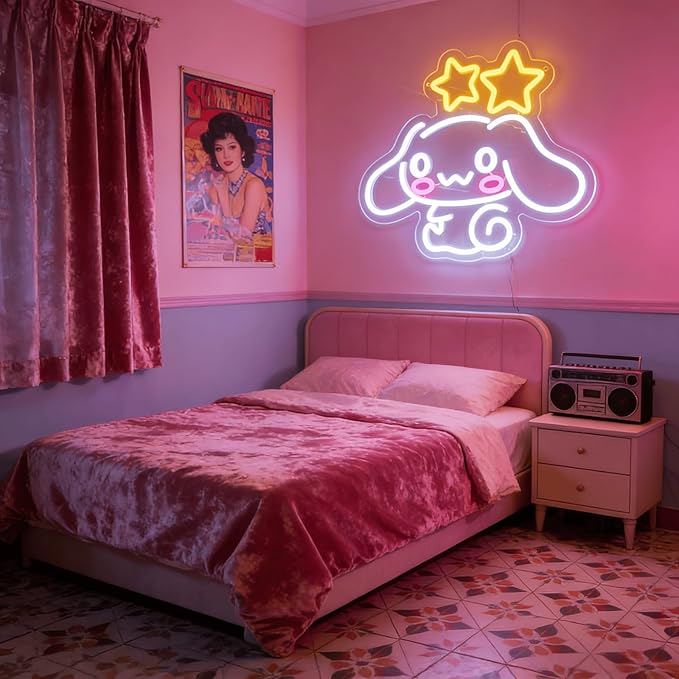 Cinnamoroll Neon Sign for Room Decor, USB Powered LED Lights with Dimmable, Japanese Cartoon Dog Neon Signs, Cute Night Light Gifts for Children (14.96"L x 12.99"W)