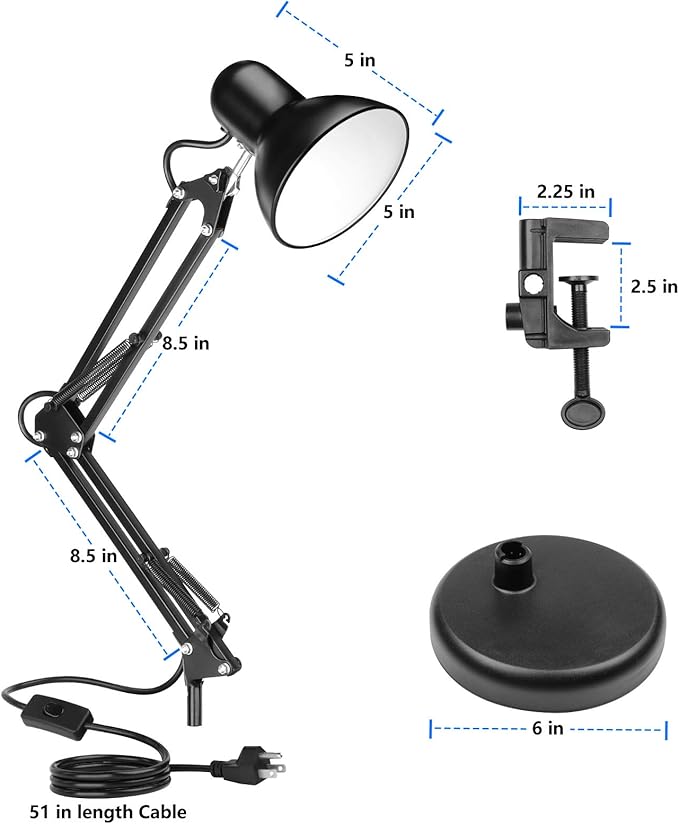 AmeriTop Metal Desk Lamp, Black, Adjustable Arm, 18" Extension, UL-Listed
