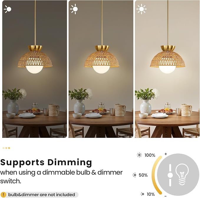 AIJIASI Rattan Pendant Light, 11.8" Hand Woven Boho Pendant Light Fixture with Milk Glass Globe, Gold Kitchen Pendant Lighting Over Island Adjustable Chandelier for Dining Room Hallway Foyer