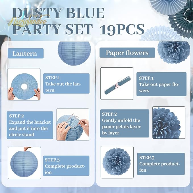 19Pcs Dusty Blue Party Decorations, Hanging Paper Lanterns Fans Tissue Flower Pom Poms Swirls for Wedding, Birthday, Something Blue Bridal Shower Bachelorette Party Baby Shower Decorations