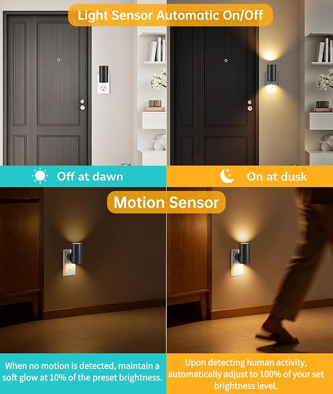 Motion Sensor LED Night Light Plug in,5-300lm Adjustable Brightness,2 Pack | Dusk to Dawn Sensor,Dimmable,Soft White 3000K,for Bedroom,Bathroom,Stairs,Hallway