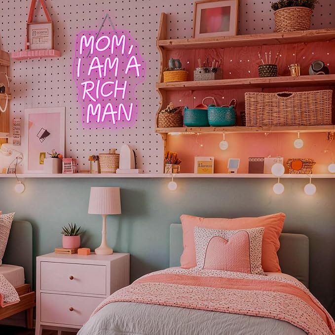 Lucunstar Mom I Am A Rich Man Neon Sign Pink Neon Signs for Wall Decor Pink LED Light for Bedroom Decor USB Connectivity Led Neon Signs for Home Boys Room Man Cave Gifts for Teens