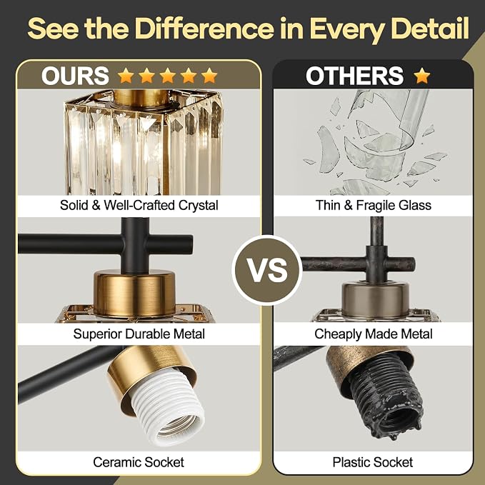 [Hardwired] Bathroom Wall Sconces Set of Two Bathroom Light Fixtures | Hardwired, Premium Crystal, Black and Gold Superior Durable Metal, Wall Lights for Living Room Bathroom Hallway Bedroom