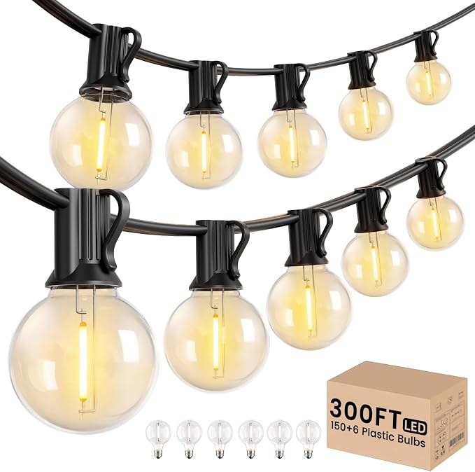 LACHON Outdoor String Lights Waterproof 300 FT with 150 G40 IP65 Bulbs | Dimmable,Connectable,Shatterproof,2700K Warm White,Perfect For Any Outdoor Space,Patio,Backyard,Cafe,Bistro,Porch,Market