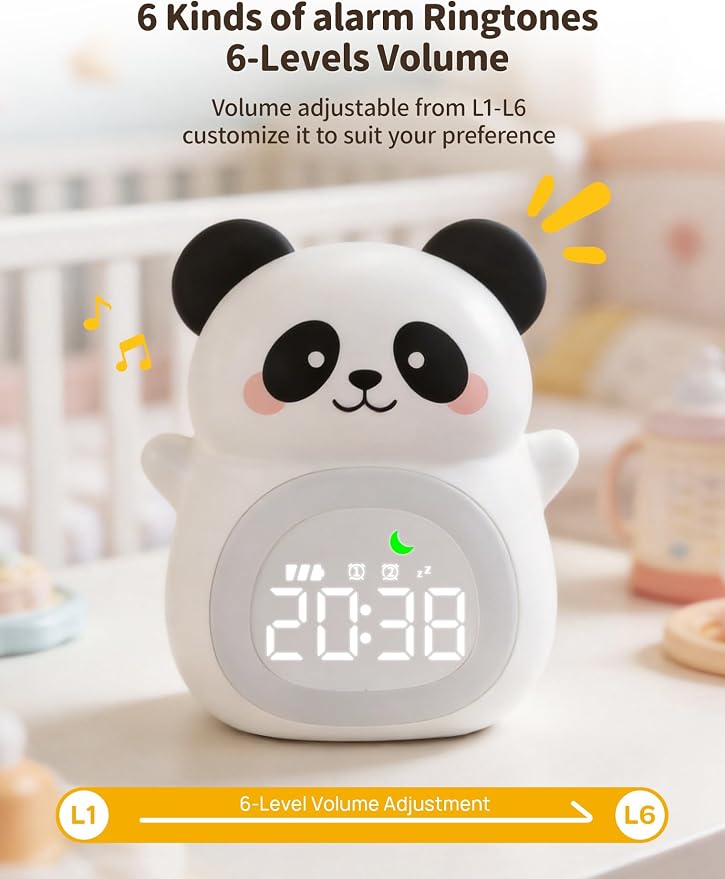 MASHI Panda Kids Alarm Clock with Time to Wake Sleep Trainer White Noise | Sun & moon wake cues, 7-color night light,Snooze， dual alarms and 6 soothing sounds help kids build healthy sleep habits.