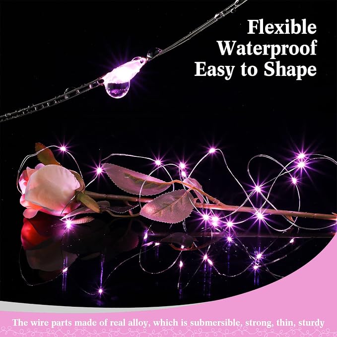 100 Packs Fairy Lights Battery Operated 3 Speed Modes, 7 Ft/ 2 M 20 LED Battery String Mini Waterproof Wire Twinkle Lights Bulk for Wedding Party Birthday Vases Decor (Pink Light)