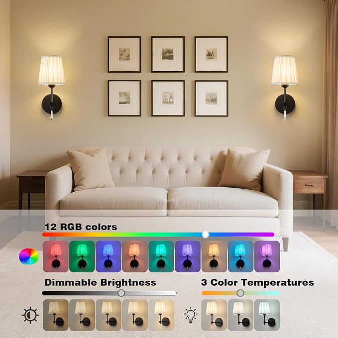Black Battery Operated Wall Sconce,10000 Mah Rechargeable Wall Sconces set of 2 With Remote,3CCT and 12 RGB Sconces Battery Operated Dimmable,Fabric Sconces Wall Decor Set of 2 for Bedroom,Living Room