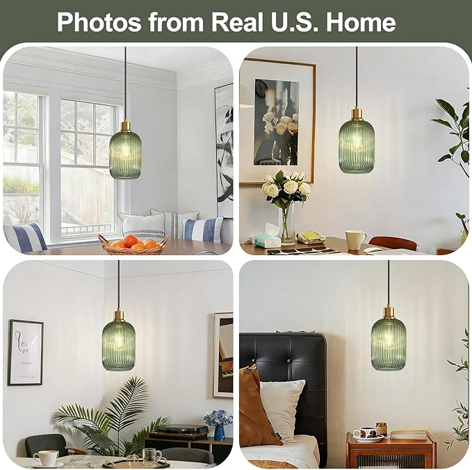 1 Pack Pendant Lights with Vintage Green Ribbed Glass Lampshade, Adjustable Brushed Gold Pendant Lights Fixtures for Kitchen Island Lighting Sink, Dining & Living Room Hallway (Bulbs Not Included)
