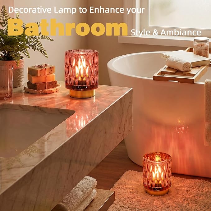 Battery Operated Table Lamp Timer, Small Cordless Lamps Decorative, 2 Pink | Mini Crystal Lamp for Area No Plug, LED Battery Powered Lamps Wireless, Glass Accent Light for Bathroom Fireplace Shelf Decor