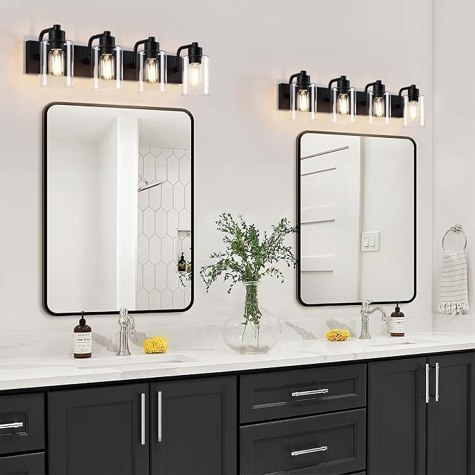 Dpyrrhic Bathroom Vanity Light, Modern Matte Black 4-Light Bathroom Lights Over Mirror with Clear Glass Shade,Wall Sconces for Bedroom,Living Room