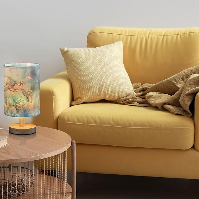 Undersea Turtle Marine Life Fish Coral Table Lamp for Bedroom USB Port Lamps Small Accent Table Lamp Nightstand Lamp Study Linen Shade with Wooden Base Lamps for Bedside Reading|Kids|Dorm|Home