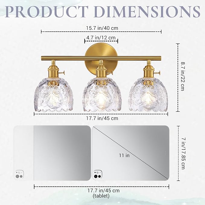 Hamilyeah 3-Light Bathroom Vanity Light Fixture, Brushed Brass Gold Wall Light with Clear Embossed Floral Glass Shades, Vintage Glass Vanity Lighting for Mirror, Powder Room, Bedroom, Hallway, Modern