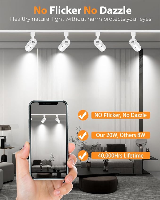 VANoopee 3-Color Zoomable 20W LED Track Lighting Heads H Type, White 6 Pack | Track Light Heads Dimmable Bright Ceiling Spotlight Fixtures Accent Art, 3000K 4000K 5000K Adjustable, CRI90+ 15°-60°, 2000lm