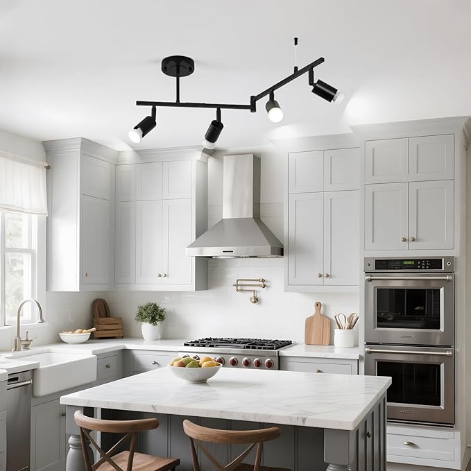 SEEBLEN 4-Light Black Track Lighting Fixtures Ceiling, Flexible Foldable Arm and Rotatable Light Head,Modern LED Track Lighting for Kitchen Islands, Dining Rooms(GU10 Socket, Bulbs Not Included)