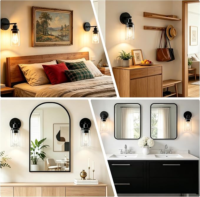 LEDVANCE Sylvania Bathroom Light Fixture with 1 Clear Glass Shade, Iron with Black Finish, E26 Medium Base, Vanity Lights for Bathrooms, Foyers, Entryways - 2 Pack (67970)