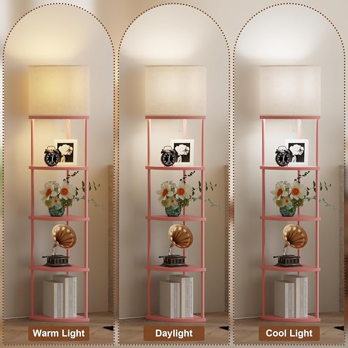 Qupui Floor Lamp with Shelves, 61.5" 5-Tier, 3-Color LED, Pink | Fabric Shade With Soft Cozy Light. 3 Color Temperatures 12W LED. 5 Tiers, 22 Lbs Each. Durable Composite Panels, Metal Frame