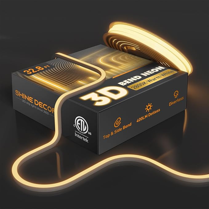 3D LED Neon Rope Light AC 120V 10x10mm, 2800K Warm White,32.8ft | Top & Side Bend, 400LM, Dotless, Driverless, IP65 Waterproof, Cold-Resistant, ETL Listed, Silicone Strip, for Home Commercial