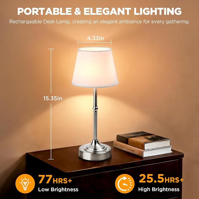 LUTEC Cordless Table Lamp, Battery Operated Lamp with 3 Color Temps and Stepless Dimming, 5200mAh Portable Rechargeable Table Lamp for Restaurant/Bedroom/Bars/Outdoor (Silver)