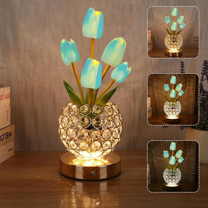 Birthday Gifts for Women Mothers Day Gifts/for Mom Tulip Table Lamp | 3 Color Crystal Flower Bedside Lamps Infinitely Dimming with USB Charge Small Night Light,Night stand Touch Lamp(Blue-tulip)