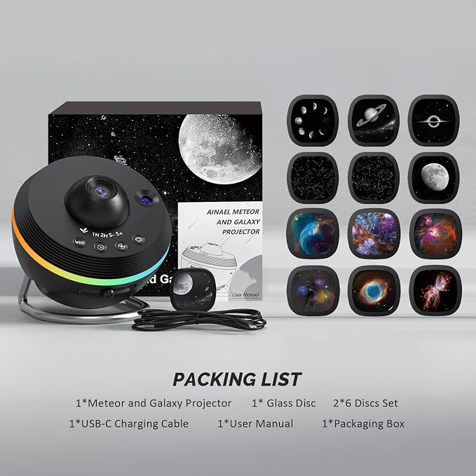 Galaxy Projector, Star Projector Planetarium with 13 Disc for Bedroom Deko | 5K HD Projection • Dynamic Meteor • RGB Ambient Light Strip • Auto Timer • Expandable Slide Set • Gift for Kids & Adults