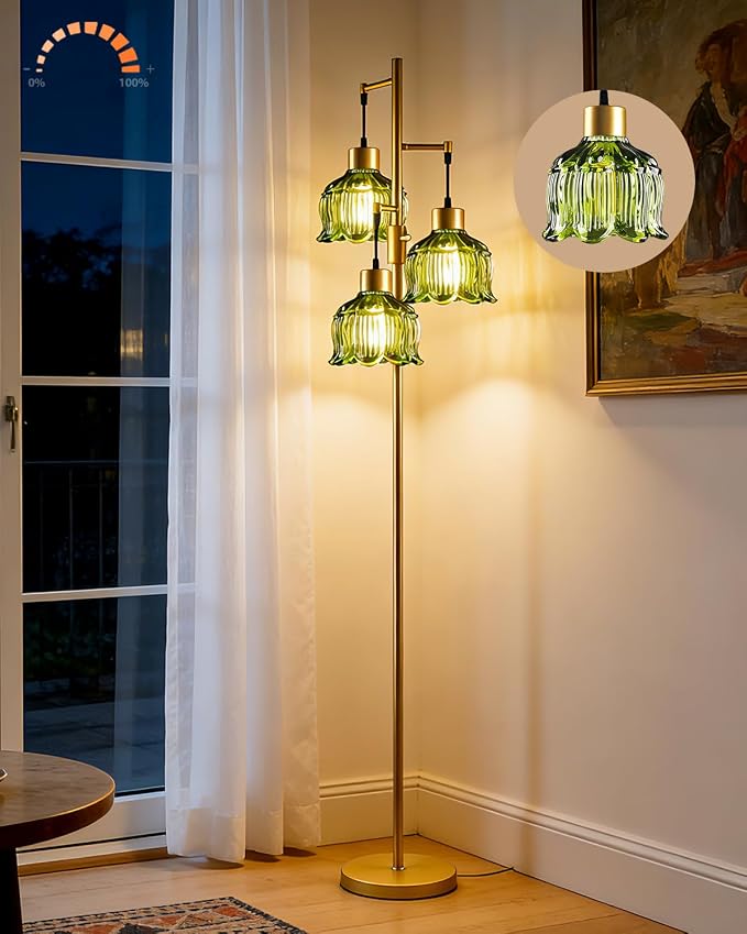 Lightdot 3-Light Floral Floor Lamp 65'' Dimmable Floor Flower Lamp with Green Glass Shade& Bulbs Included, Mid Century Standing Tall Lamp with 5Lbs Heavy Base for Living Room/Bedroom/Sofa Beside-Gold