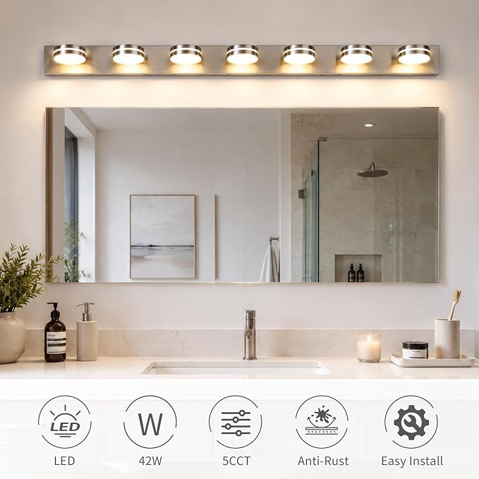 Modern Bathroom Light Fixtures Over Mirror 7 Light Vanity Light | 55.12in 42W LED Dimmable Bath Lights, Wall Mounted Lighting Fixture with Rotating Lamp Head, Acrylic Metal, 5CCT Dimmable