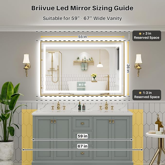 55x36 Inch LED Bathroom Mirror with Gold Frame, Backlit & Front Lit | Anti-fog, 3 Color Dimmable, Memory Function, HD Reflection Tempered Glass, ETL Listed, IP54 Waterproof