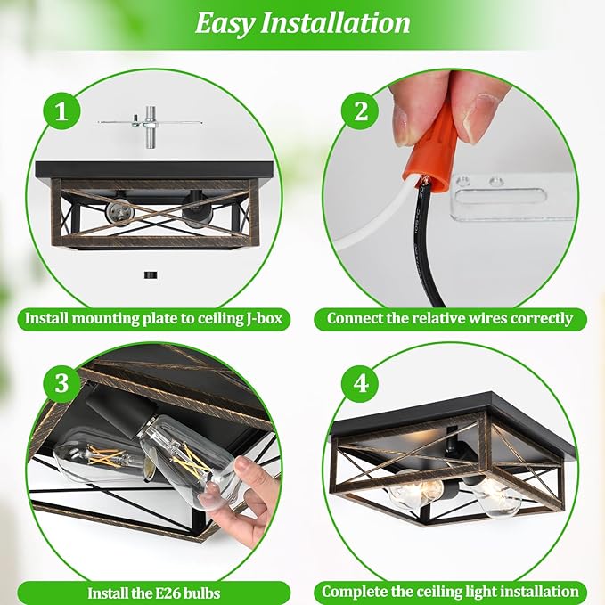 Oil Rubbed Bronze Hallway Light Fixtures Ceiling, 2-Light Farmhouse Industrial Flush Mount Ceiling Lights, 2-Pack Metal Kitchen Light Fixtures, Close to Ceiling Lights for Bedroom Living Room Entryway