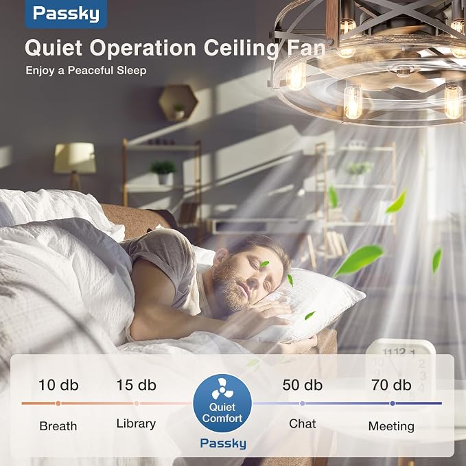 Passky 24" Caged Ceiling Fans with Lights and Remote, Low Profile Fandelier | Reversible DC Motor, 1/2/4/8H Timer, 6 Speeds, Farmhouse, Quiet Operation, 6 E26 Sockets, For Bedroom, Kitchen, Dining Room