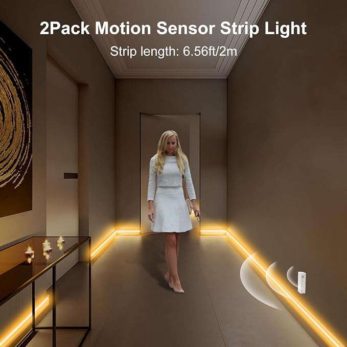 2 Pack Battery COB Motion Sensor Strip Lights with Day & Night Modes | 6.6Ft 640 LED Under Cabinet Flexible Tape Lights for Bedroom Kitchen Stair Shelf, 2700K Warm White