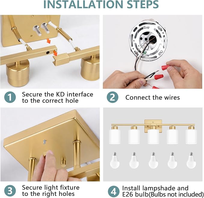 Gold Bathroom Light Fixtures Vanity Lighting Over Mirror | 5-Light Modern Wall Sconces with Milky White Frosted Glass Shades for Restroom (E26 Socket)