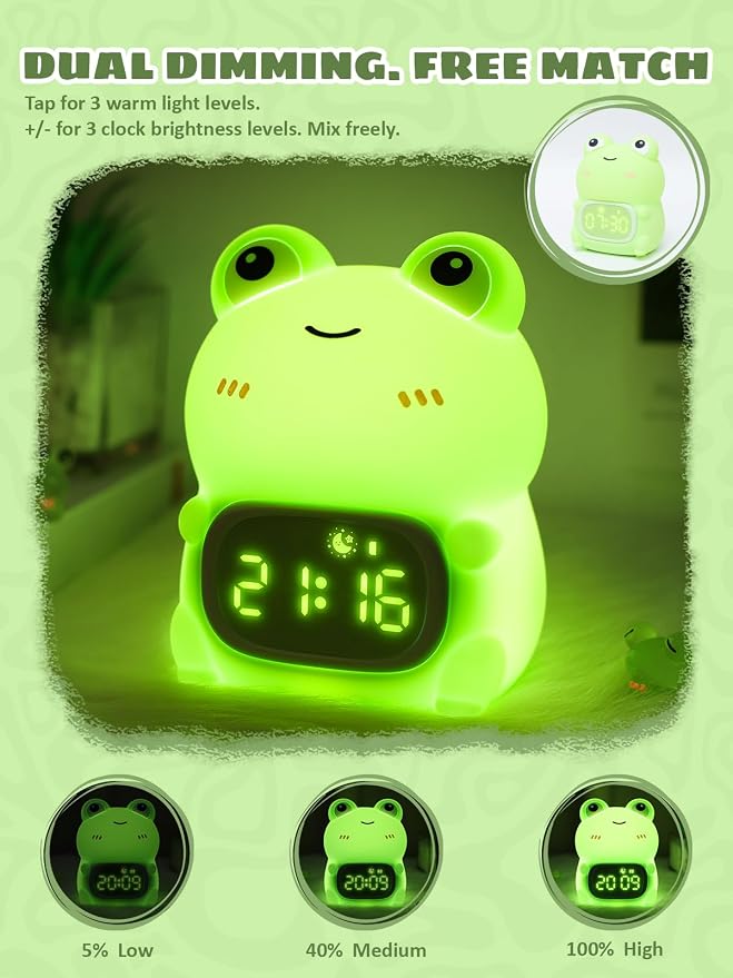 Frog Alarm Clock with Night Light for Kids, Silicone Cute Toddler Wake Clock, Rechargeable 7 Colors RGB & Warm Light, Sleep Companion for Boys Girls