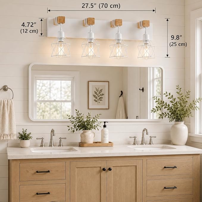 Farmhouse Vanity Light Fixture,4-Light Bathroom Lighting,White Modern Wood Wall Light Over Mirror with Metal Shade,LED Bulbs Not Included