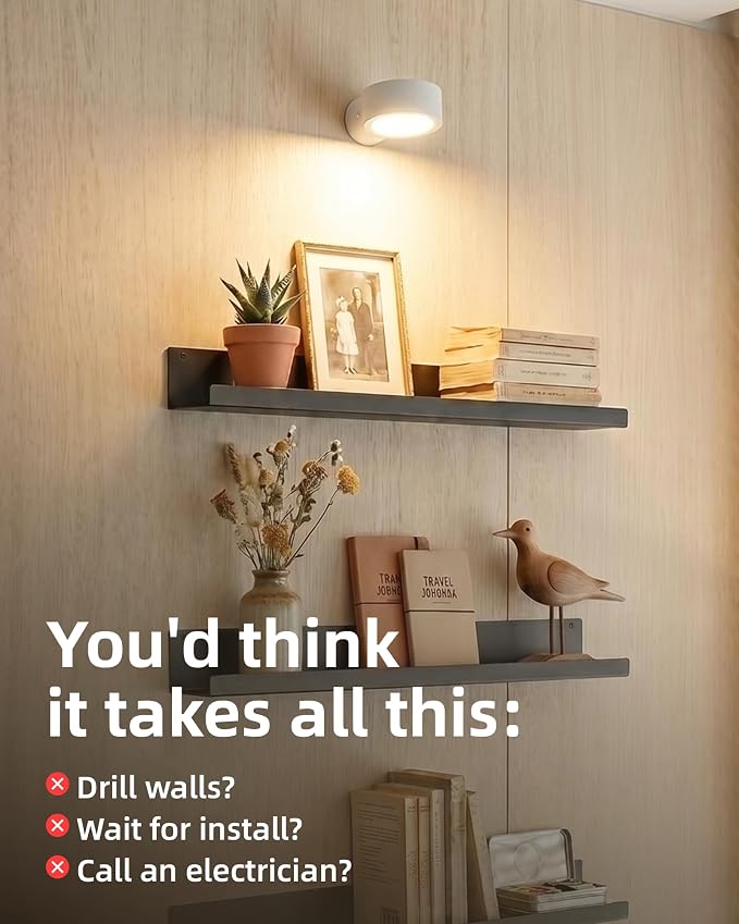 EZVALO LED Wall Mounted Light, 3000mAh Rechargeable Cordless Wall Sconce, Dimmable with Remote & Touch Control, 3 Color Temps, 360° Rotatable for Bedroom, Bedside, Reading(White, 3Pack)