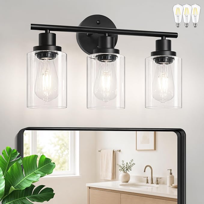 Modern Bathroom Light Fixtures, 3 Light Vanity Lights with E26 Bulbs, Black Wall Lamp with Clear Glass for Mirror Living Room Hallway Cabinet Porch