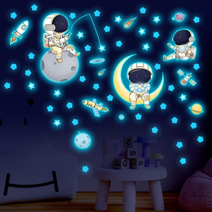DIY Creativity Starry Sky Astronaut Night Light Stickers Cartoon Rabbit Wall Stickers Star Spaceship Night Light Stickers Room Decoration Wall Stickers (Astronaut Blue Light)