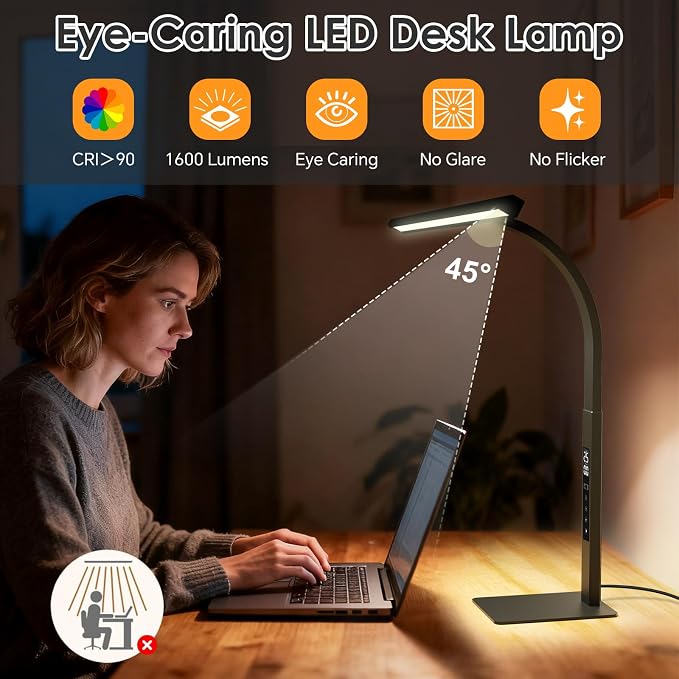 LED Desk Lamp for Office Home: Pomodoro Timer Table Light with Base 1600 Lumen Bright - 5 Color Stepless Dimming for Reading Study Drafting