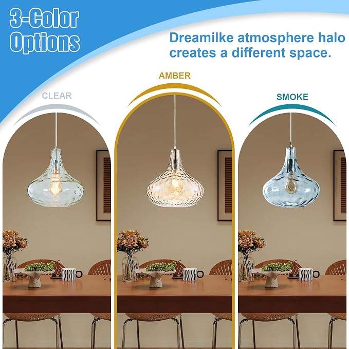 11 Inch Amber Hammered Glass Pendant Light Brushed Nickel Ceiling Lamp | Adjustable height, standard E26 bulb, versatile decor fixture for dining area, kitchen island living room & entry hallway