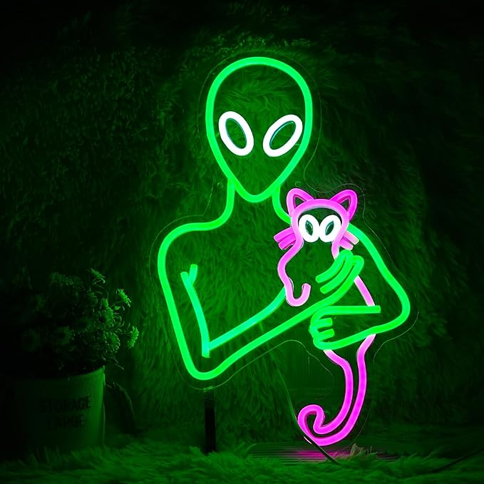 Aliens Cat Neon Sign Funny Green Aliens Pink Cat Led Light Up Sign For Wall Decor Dimmable USB Powered Neon Light For Art Wall Decorations Game Room Party Kids Birthday Gifts