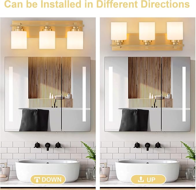 Modern Bathroom Light Fixtures Over Mirror, Vanity Lights for Bathroom Wall Sconces with Milky White Glass Shades, E26 Socket (Bulbs Not Included), 3 Light, Brass