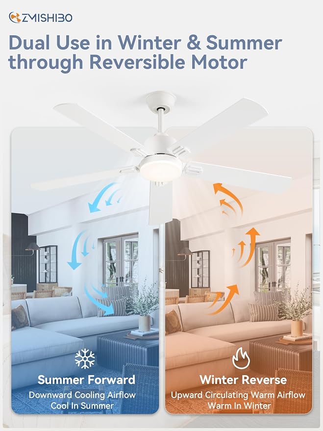 ZMISHIBO 2 Pack 52" Ceiling Fan with Light and Remote, White Modern Indoor | 24W 2400LM Bright LED, 3CCT, Dimmable, App Control, Farmhouse Dual Finish Blades, Quiet&Strong Motor for Bedroom, Living Room